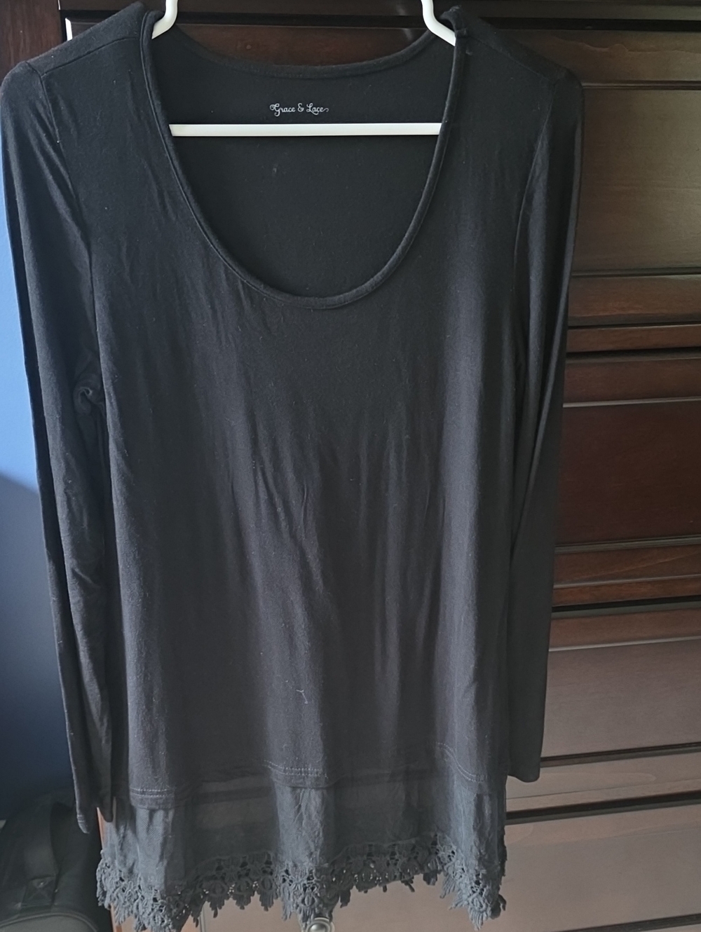Grace & Lace Black Scoop Neck Long Sleeve Top with Lace Trim